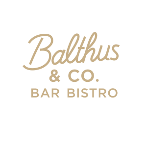 Balthus & Co. Bar Bistro logo in beige script and block typography on a black background.
