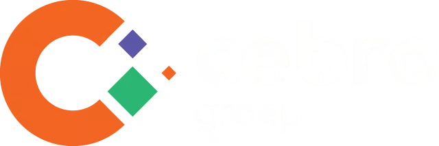 Cebro groep logo with an orange circular C and three colored diamonds (purple, orange, green) to its left, followed by the lowercase text 'cebro groep' on a peach background.