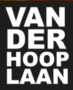 Bold white text on a black background reading 'VAN DER HOOP LAAN' in four stacked lines.