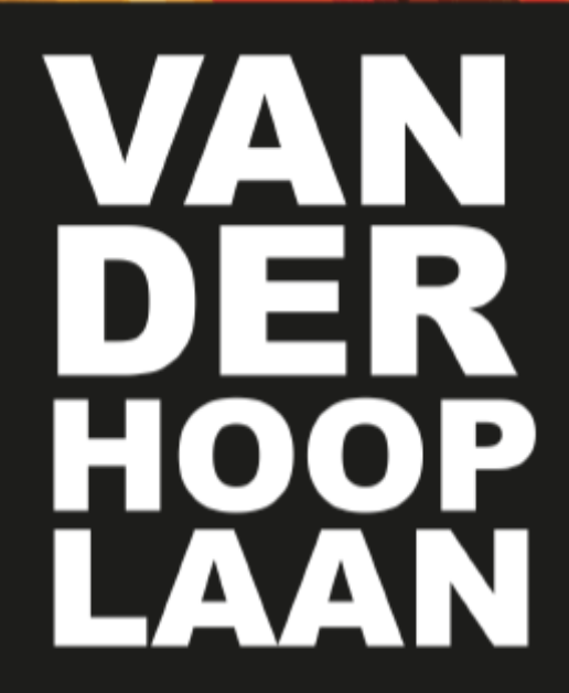 Bold white text on a black background reading 'VAN DER HOOP LAAN' in four stacked lines.