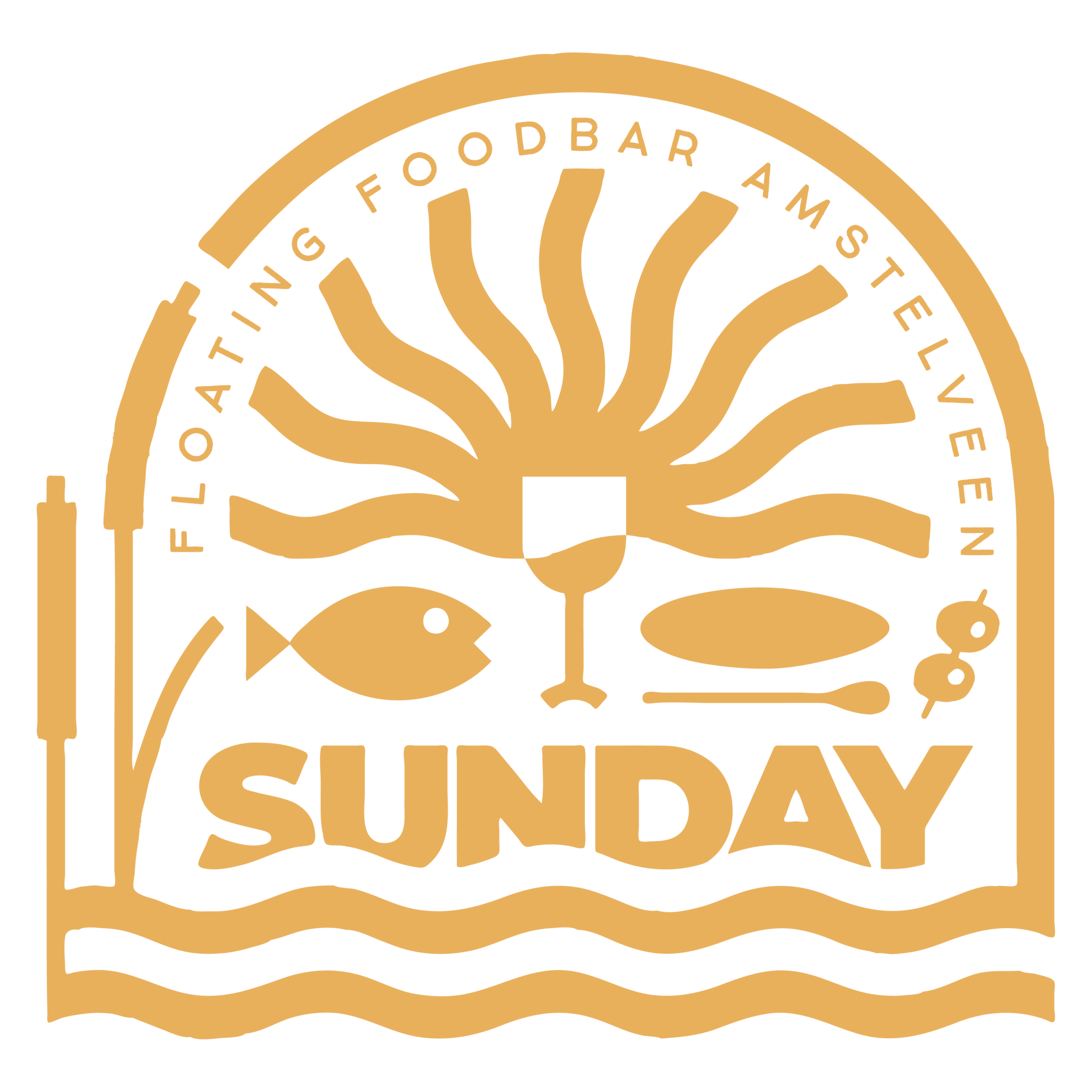 Logo showing an orange circular seal with stylized waves and palm fronds, featuring the word Sunday.