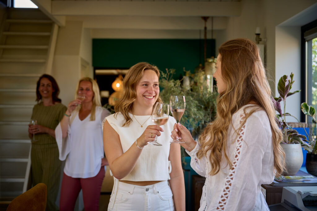 Two women toast with wine glasses and smile at a casual indoor gathering, others in the background.