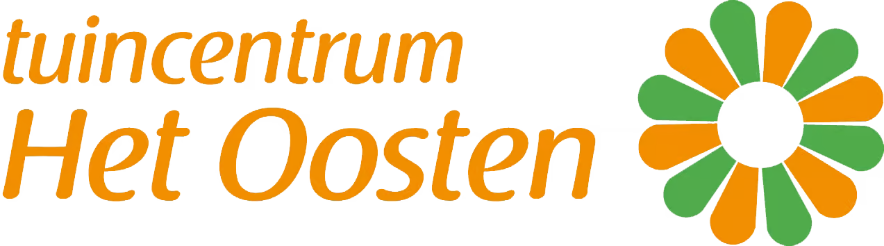 Logo for Tuincentrum Het Oosten featuring orange script text and a green-orange flower on beige background.