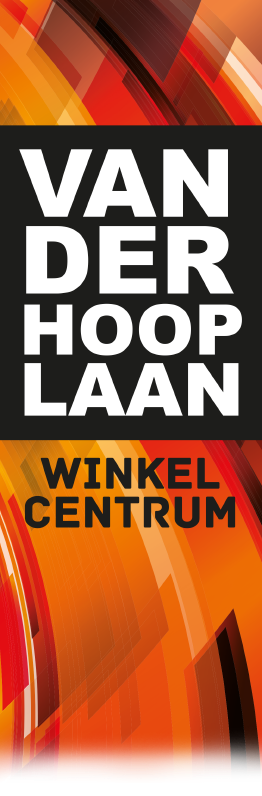 Vertical banner with orange abstract shapes and bold white text reading 'VAN DER HOOP LAAN' on a black block, plus 'WINKELCENTRUM' text below.
