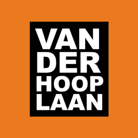 Logo featuring bold white text 'VAN DER HOOP LAAN' on a black square, set against an orange background.