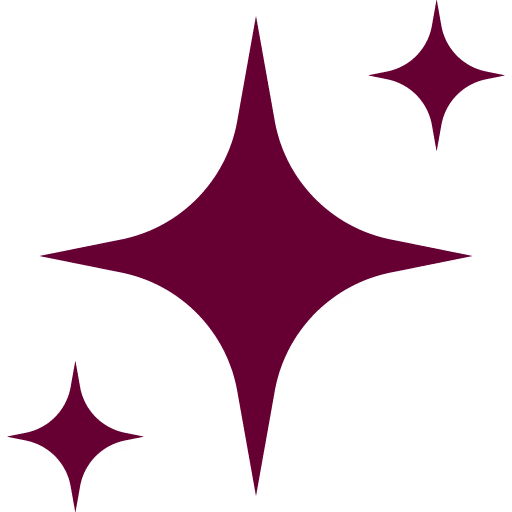 Decorative purple starburst graphics: a large central sparkle with two smaller ones on a dark background.